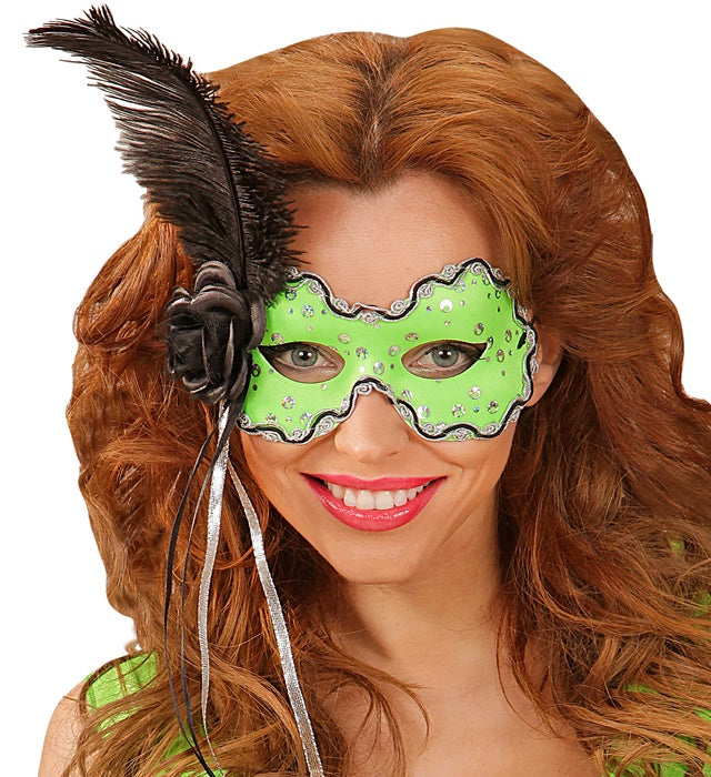 Neon Green Brazil Eyemask With Holographic Sequin, Rose, Ribbons & Feather