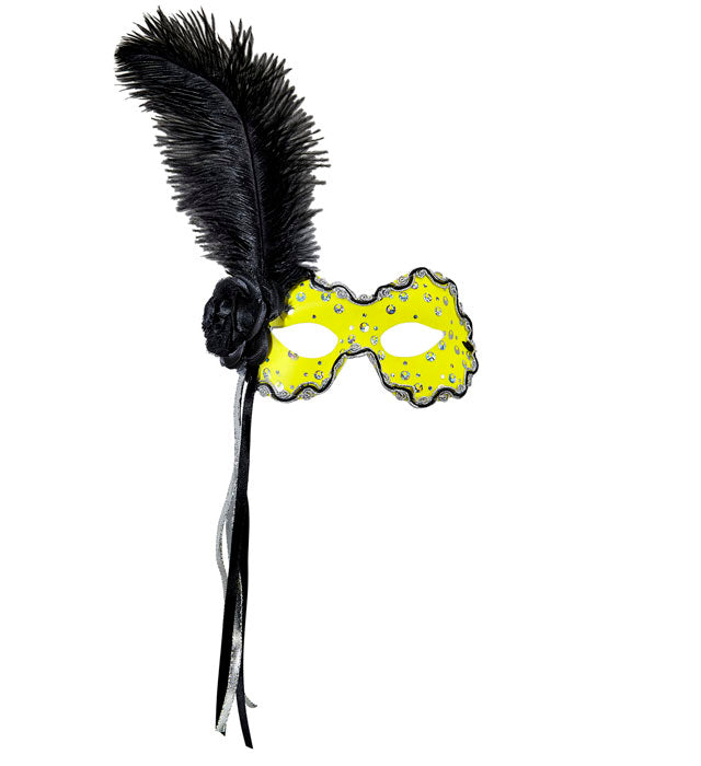Neon Yellow Brazil Eyemask With Holographic Sequin, Rose, Ribbons & Feather