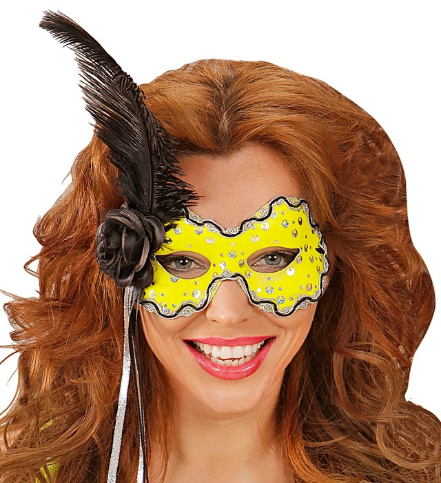Neon Yellow Brazil Eyemask With Holographic Sequin, Rose, Ribbons & Feather
