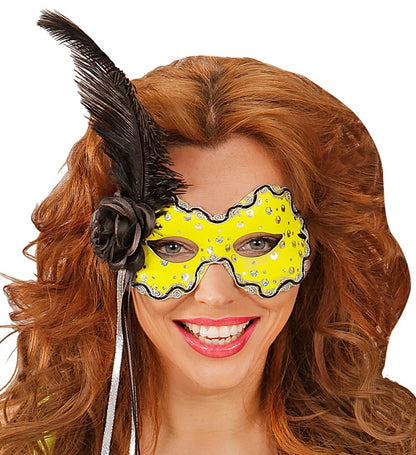 Neon Yellow Brazil Eyemask With Holographic Sequin, Rose, Ribbons & Feather