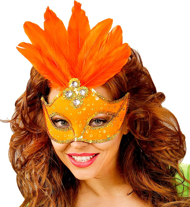 Neon Orange Brazil Eyemask With Holographic Sequin, Gems, Gold Sequin Trim & Feathers