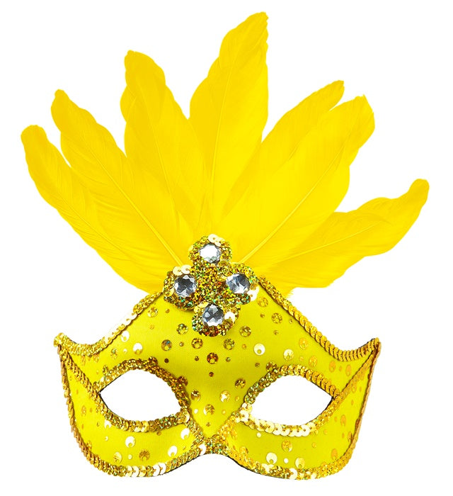 Neon Yellow Brazil Eyemask With Holographic Sequin, Gems, Gold Sequin Trim & Feathers