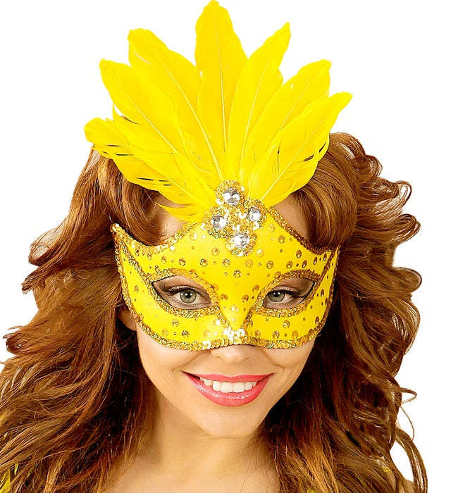Neon Yellow Brazil Eyemask With Holographic Sequin, Gems, Gold Sequin Trim & Feathers