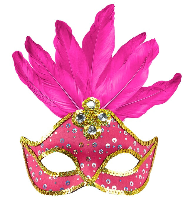 Neon Pink Brazil Eyemask With Holographic Sequin, Gems, Gold Sequin Trim & Feathers