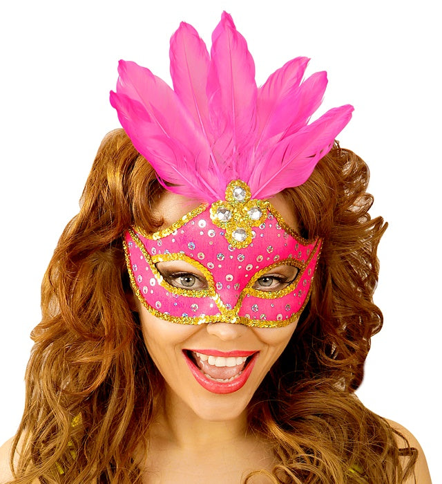 Neon Pink Brazil Eyemask With Holographic Sequin, Gems, Gold Sequin Trim & Feathers