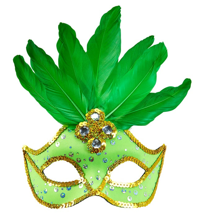 Neon Green Brazil Eyemask With Holographic Sequin, Gems, Gold Sequintrim & Feathers