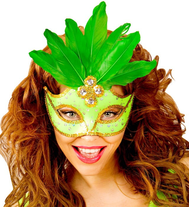 Neon Green Brazil Eyemask With Holographic Sequin, Gems, Gold Sequintrim & Feathers