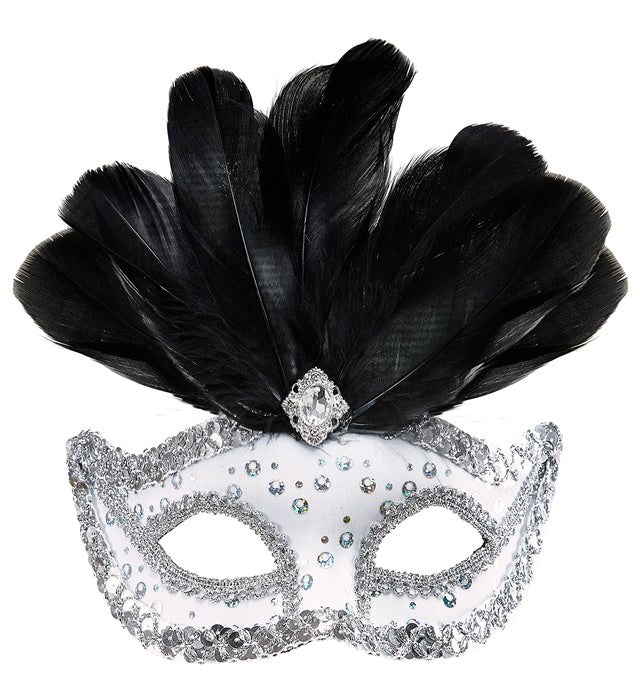 White Rialto Eyemask With Holographic Sequin, Gem, Silver Sequin Trim & Feathers