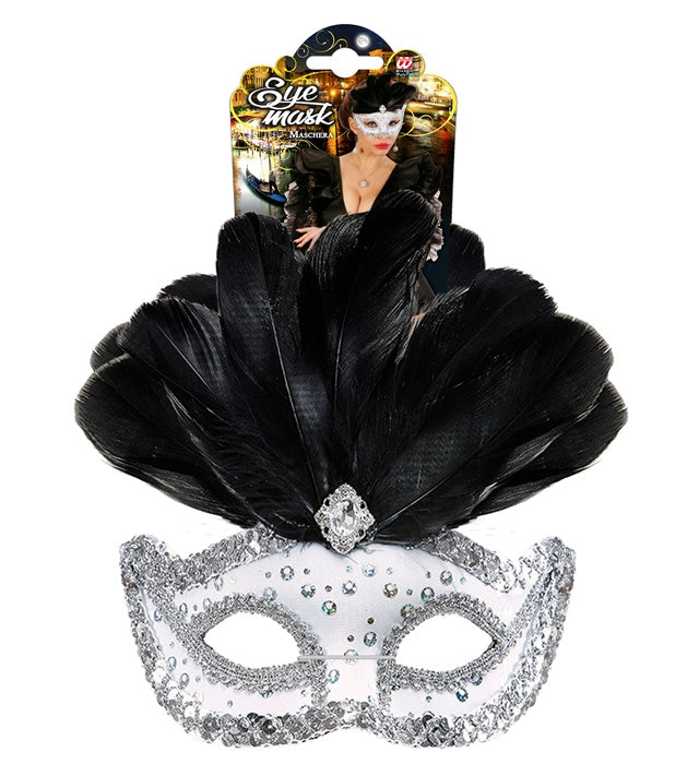 White Rialto Eyemask With Holographic Sequin, Gem, Silver Sequin Trim & Feathers