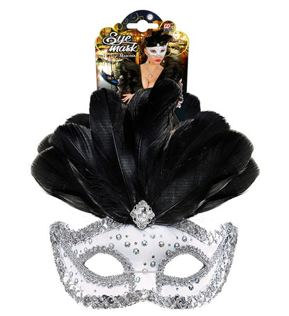 White Rialto Eyemask With Holographic Sequin, Gem, Silver Sequin Trim & Feathers