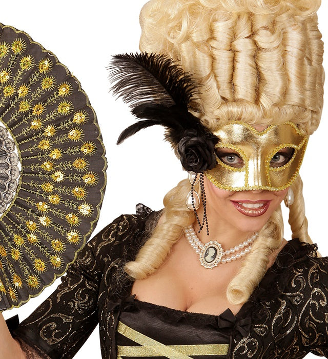 Gold Venice Eyemask With Rose, Beads & Feathers