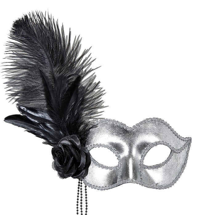 Silver Venice Eyemask With Rose, Beads & Feathers