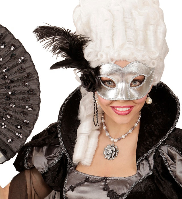Silver Venice Eyemask With Rose, Beads & Feathers