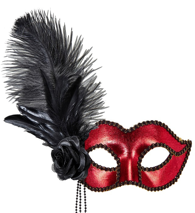Metallic Red Venice Eyemask With Rose, Beads & Feathers