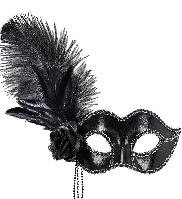 Black Shiny Venice Eyemask With Rose, Beads & Feathers