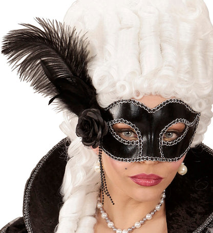 Black Shiny Venice Eyemask With Rose, Beads & Feathers
