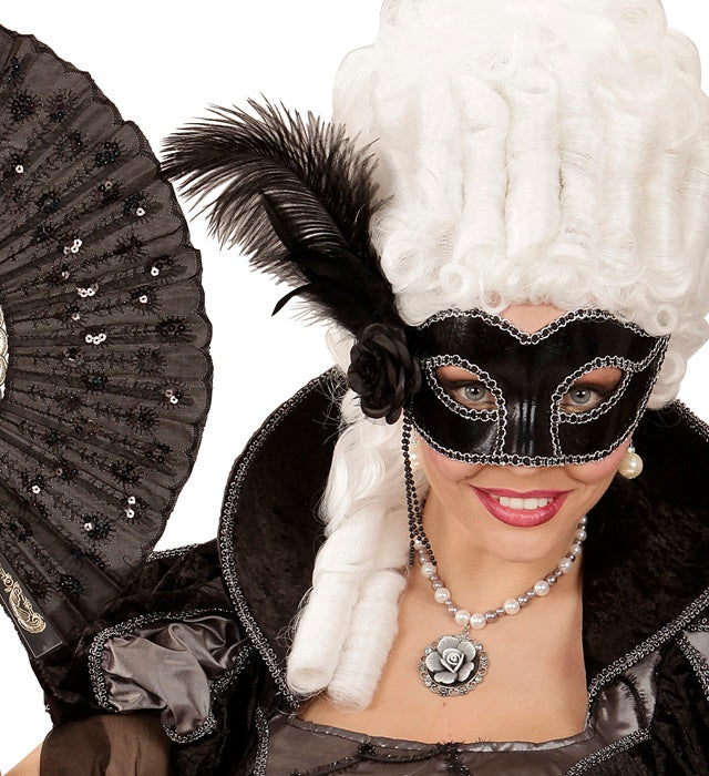 Black Shiny Venice Eyemask With Rose, Beads & Feathers