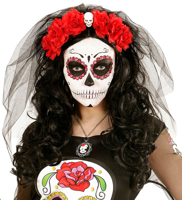6 Red Roses Headband With Skull &Veil