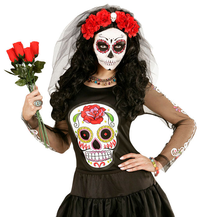 6 Red Roses Headband With Skull &Veil