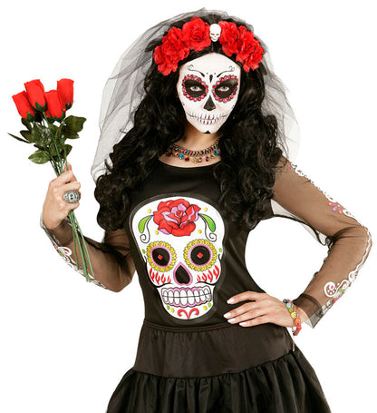 6 Red Roses Headband With Skull &Veil