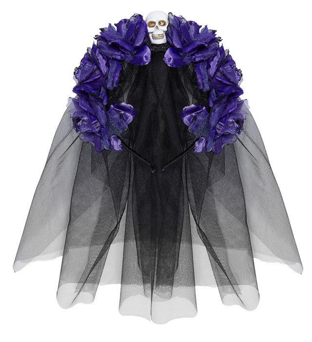 6 Purple Roses Headband With Skull & Veil