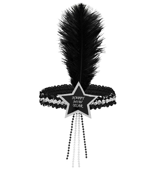 Black-Silver Happy New Year  Star Sequin Headband With Feather