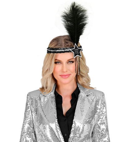 Black-Silver Happy New Year  Star Sequin Headband With Feather