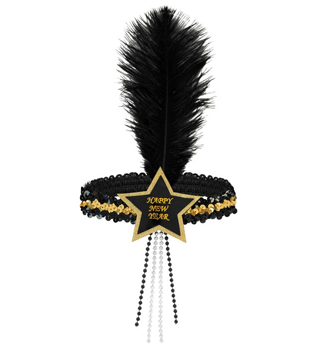 Black-Gold Happy New Year Star Sequin Headband With Feather