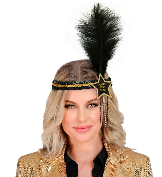 Black-Gold Happy New Year Star Sequin Headband With Feather
