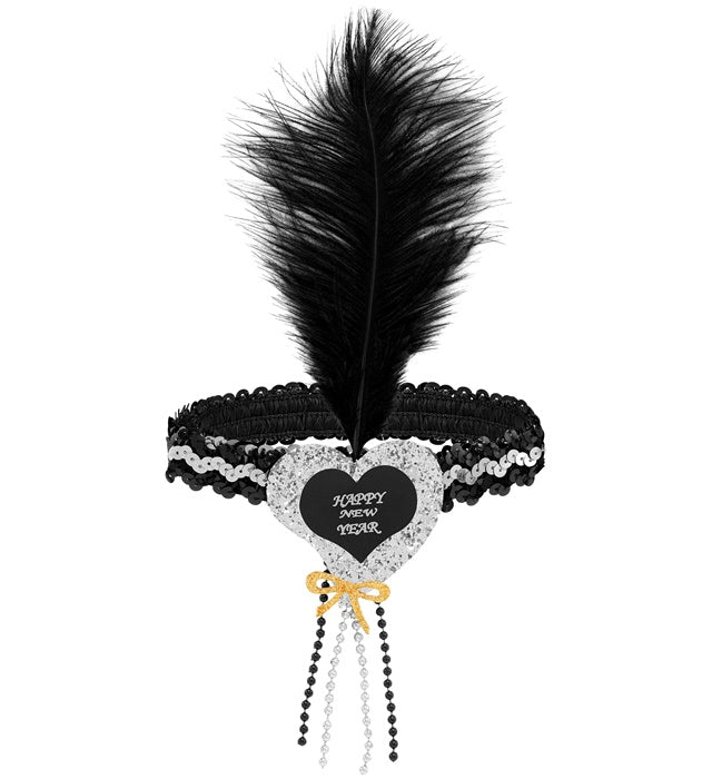 Black-Silver Happy New Year  Heart Sequin Headband With Feather
