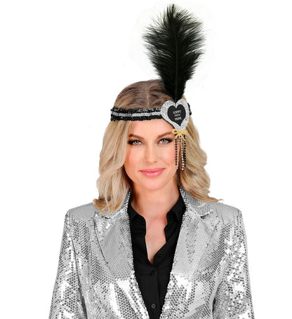 Black-Silver Happy New Year  Heart Sequin Headband With Feather