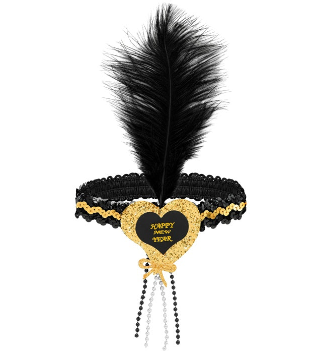 Black-Gold Happy New Year Heart Sequin Headband With Feather