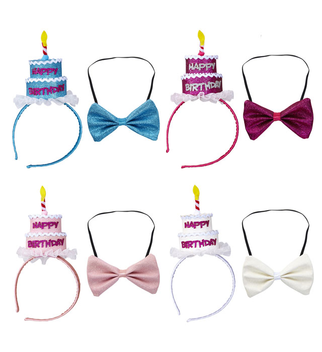  Happy Birthday Cake Headband & Bow Tie 4 Colors Ass.
