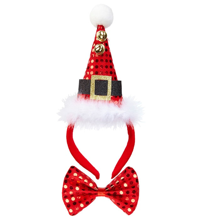 Sequin Mini Santa Hat With 2 Jingle Bells & Bow Tie