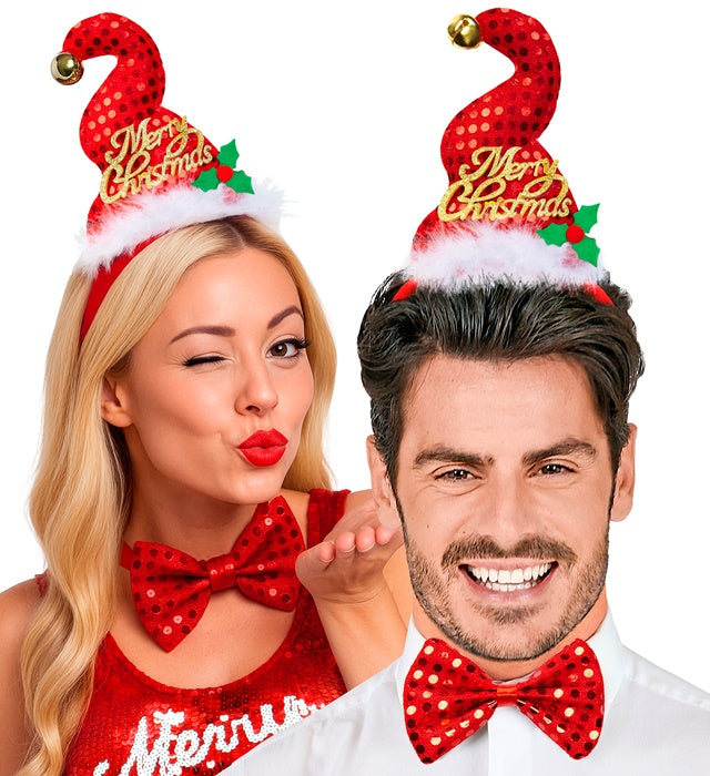 Sequin Mini Santa Hat With Jinglebell & Bow Tie