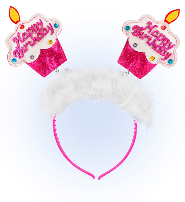 Pink  Happy Birthday Cake Head Bopper With Marabou