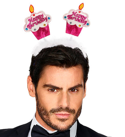 Pink  Happy Birthday Cake Head Bopper With Marabou