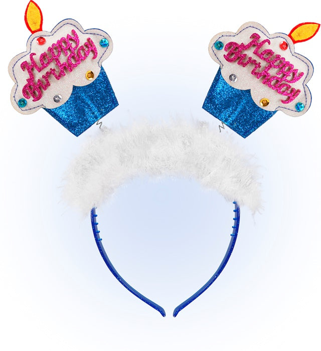 Azure  Happy Birthday Cake Head Bopper With Marabou