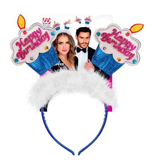 Azure  Happy Birthday Cake Head Bopper With Marabou