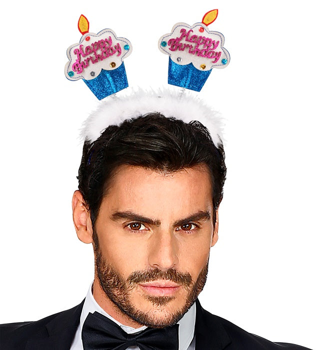Azure  Happy Birthday Cake Head Bopper With Marabou