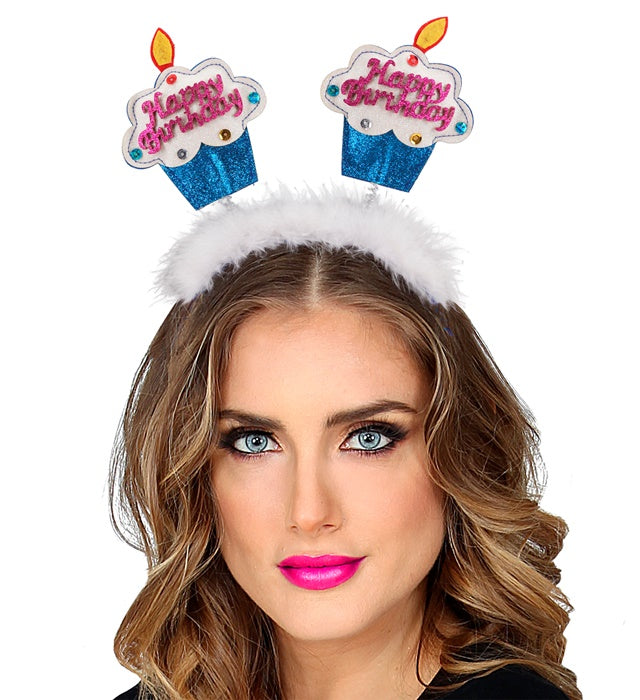 Azure  Happy Birthday Cake Head Bopper With Marabou