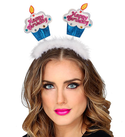 Azure  Happy Birthday Cake Head Bopper With Marabou