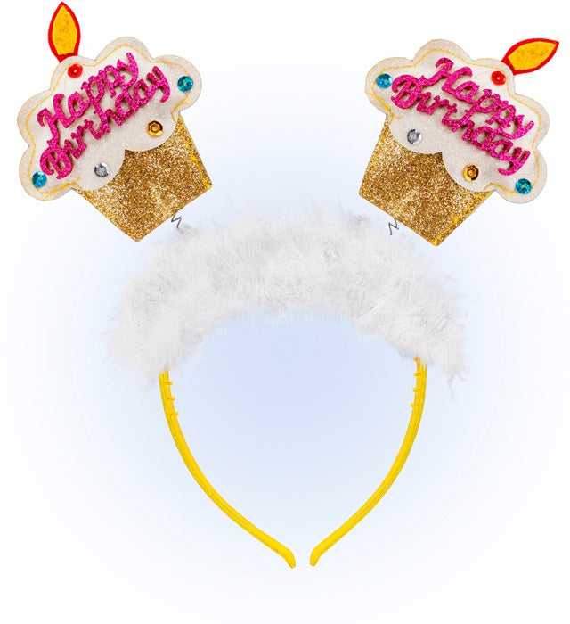 Gold  Happy Birthday Cake Head Bopper With Marabou