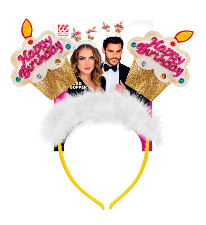 Gold  Happy Birthday Cake Head Bopper With Marabou