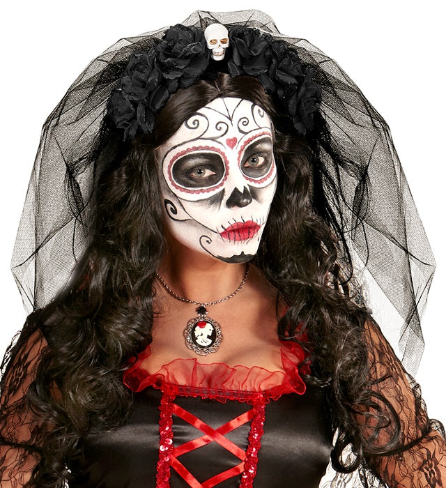 6 Black Roses Headband With Skull & Veil