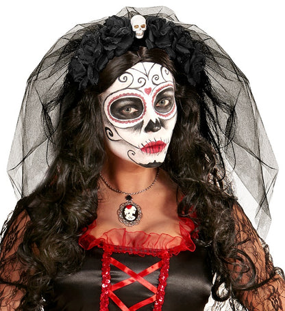 6 Black Roses Headband With Skull & Veil