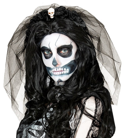 6 Black Roses Headband With Skull & Veil
