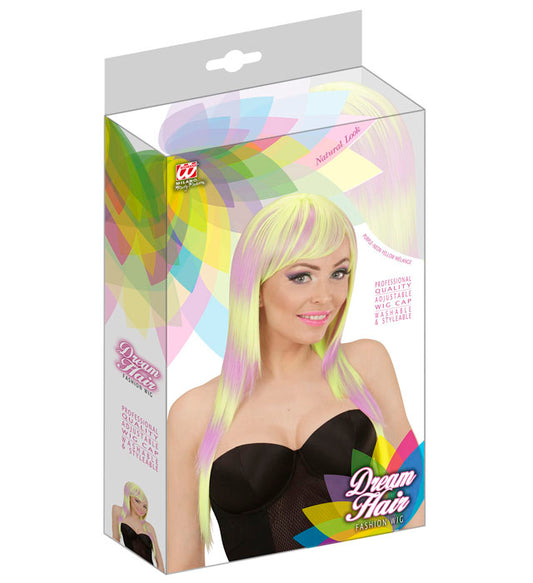 Purple-Neon Yellow Melange Fashion Wig In Full Color Pvc Box