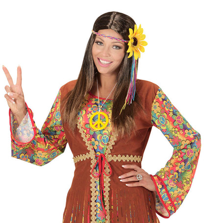 Brown Hippie Wig With Multicolored Sunflower Headband In Polybag