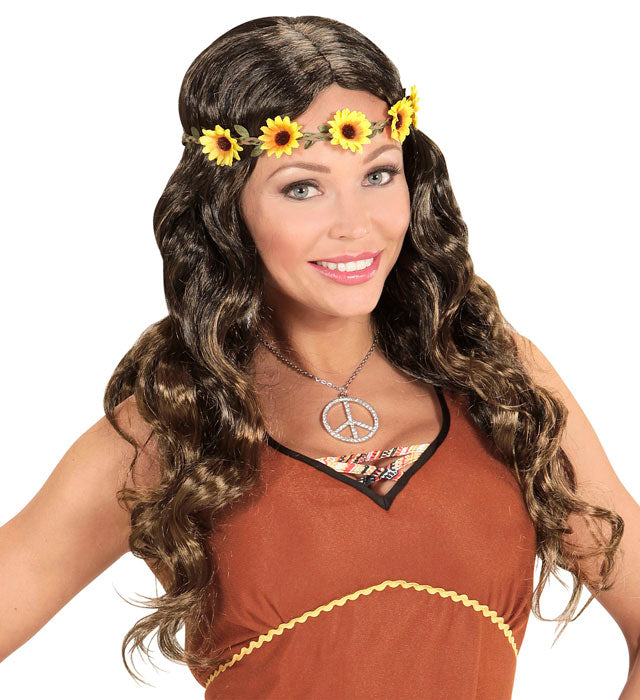 Brown Hippie / Medieval Wig With Sunflower Headband In Polybag